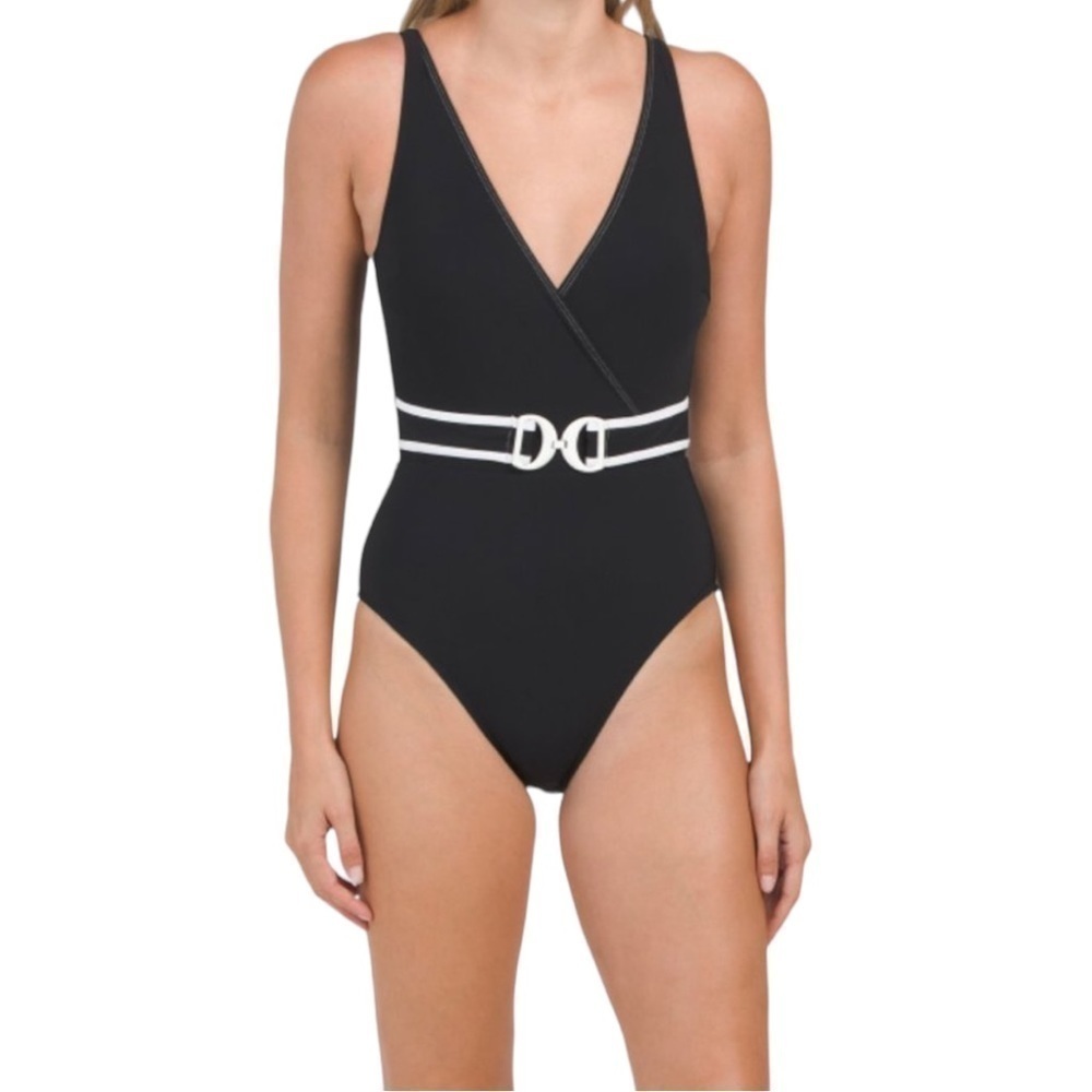 Profile by Gottex Belted V-Neck One Piece Swimsuit‎ 16 Black White